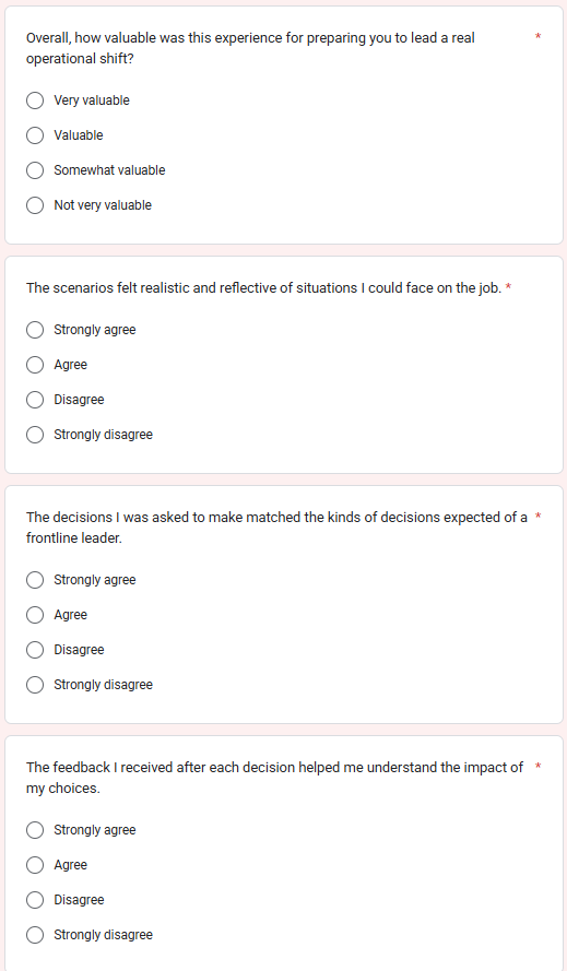 Level 1 Reaction survey showing questions about value, realism, decision relevance, and feedback effectiveness